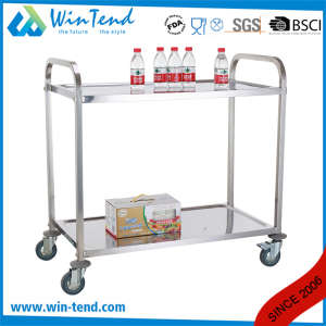 Stainless Steel Small Size 2 Tiers Square Tube Mirror Polishing Food or Tea Serving Trolley with 4 W